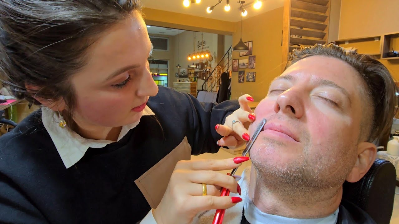 💈19 Yr Old BARBER GIRL DOES HER BEST! (Face Threading, Hair plucking, Shave, Face Massage) Georgia🇬🇪