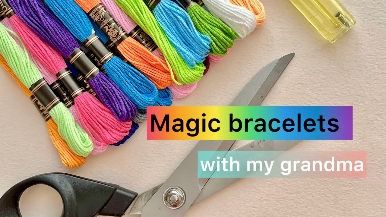 Thread, scissors, and two bracelets my grandma taught me to make
