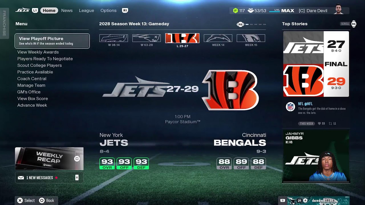 Jets vs Bengals Madden 26 week 13 2028