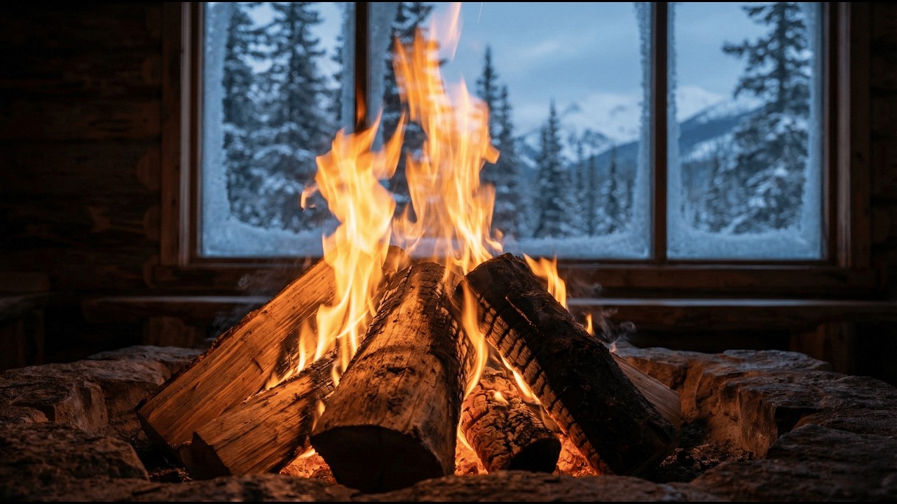 4K Canadian Rockies Cabin Fire / Remote Mountain Fireplace Ambience