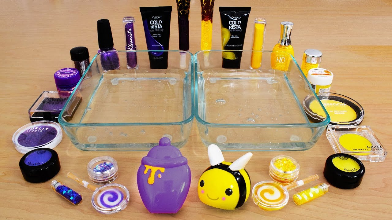 Purple vs Yellow - Mixing Makeup Eyeshadow Into Slime! Special Series 109 Satisfying Slime Video