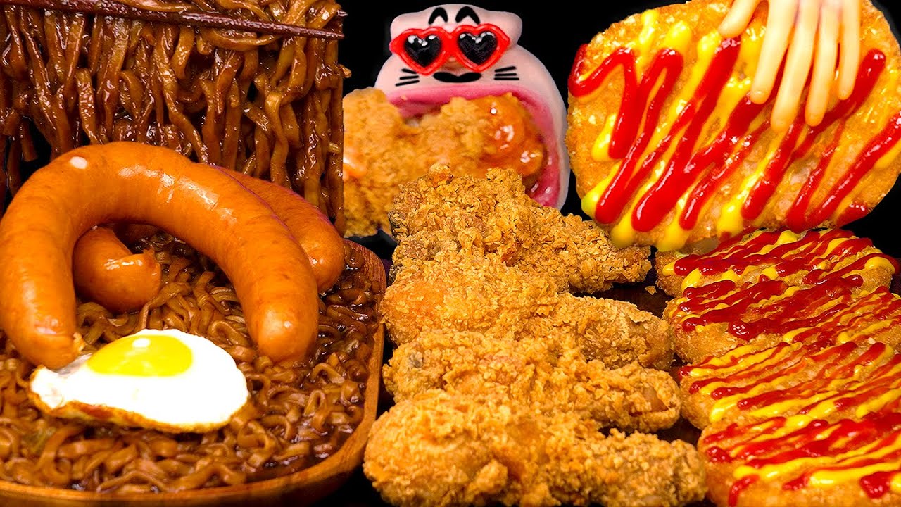 ASMR SPICY BLACK BEAN NOODLES & KIELBASA SAUSAGE MUKBANG (No Talking) EATING SOUNDS