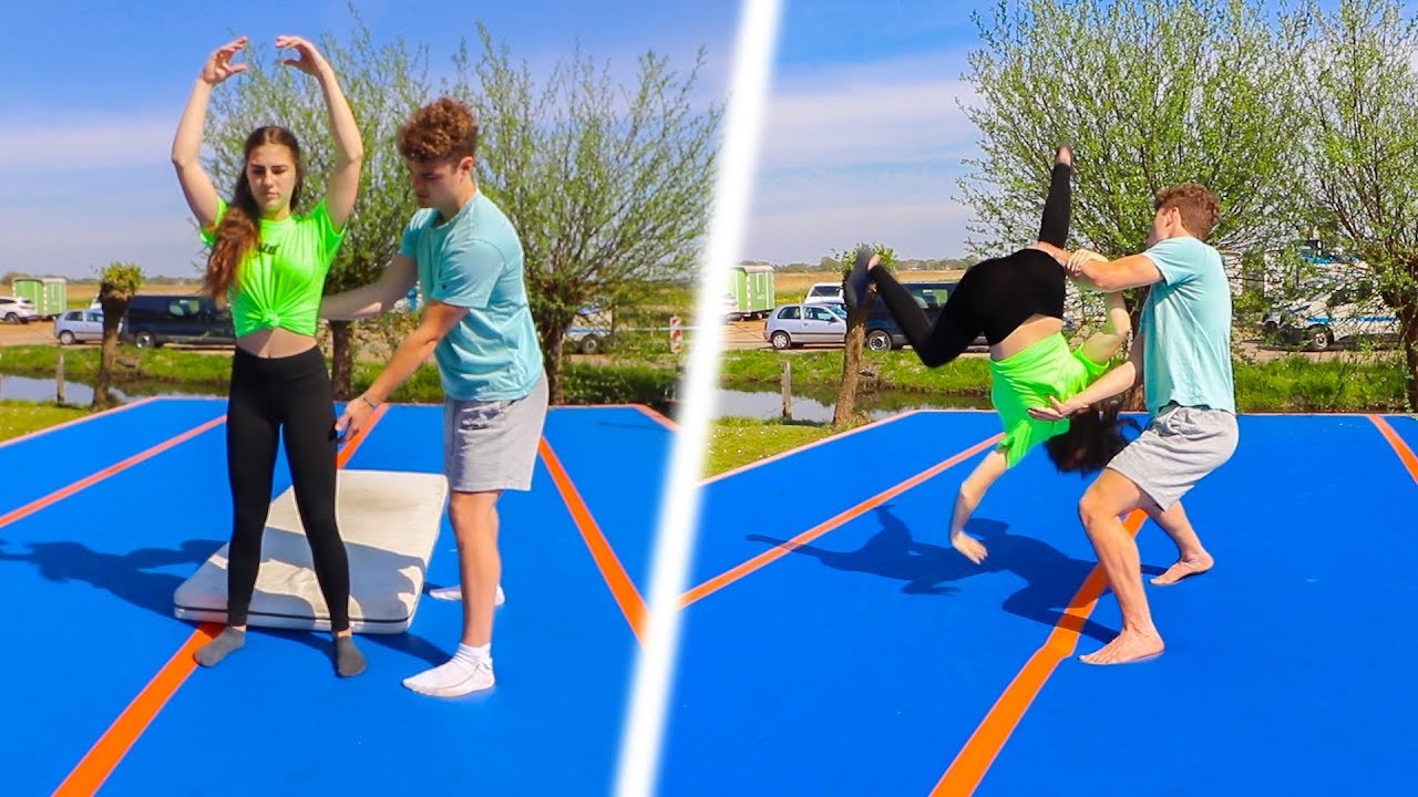 TEACHING MY SISTER NEW TRICKS ON AIRTRACK!