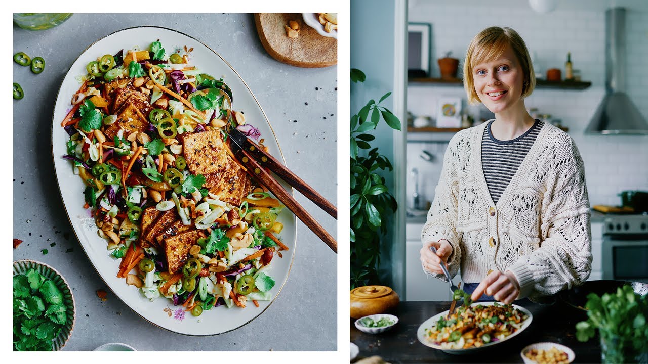 Cabbage Crunch Salad with Sticky Ginger Tofu