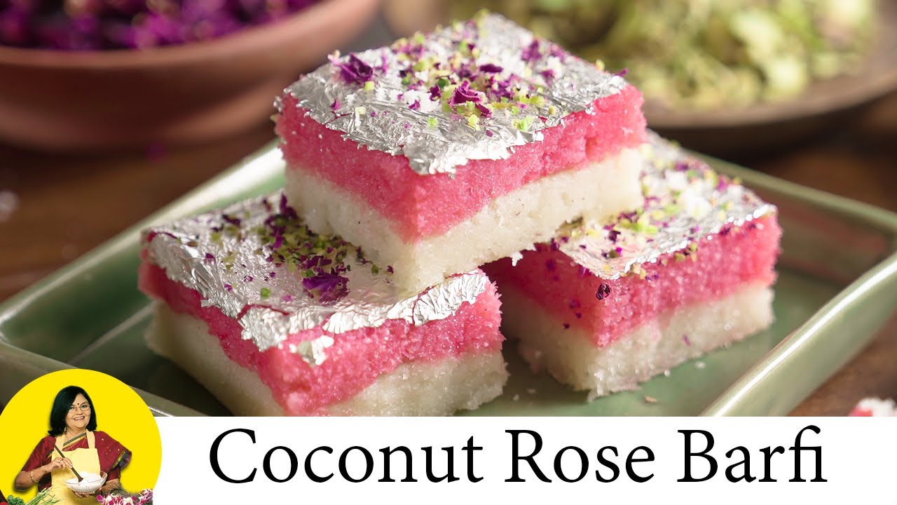 coconut rose barfi recipe | रोज कोकोनट बर्फी | Coconut & Rose Barfi | nariyal barfi | rose barfi |