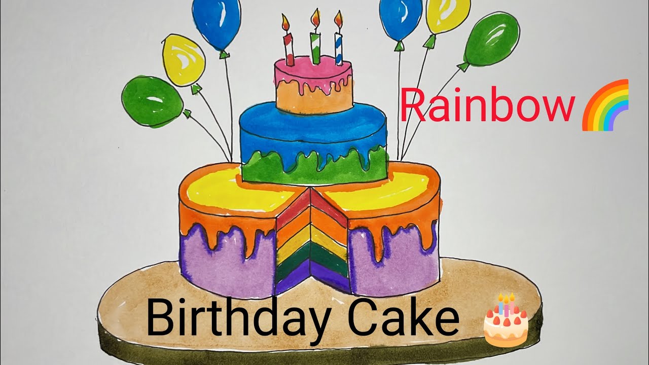 Rainbow 🌈 Birthday Cake Painting || Easy drawing for kids