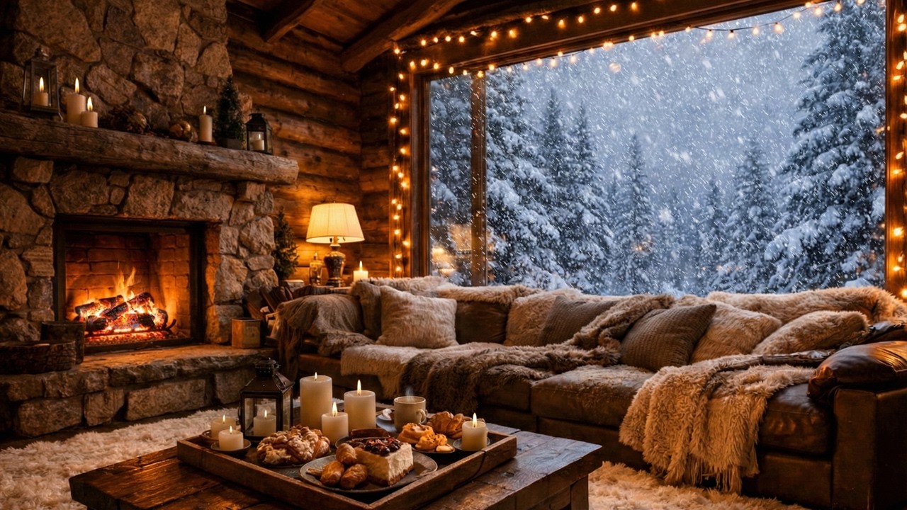 Cozy Night In Snowstorm & Desserts ❄️ 12 Hours Fire Sounds