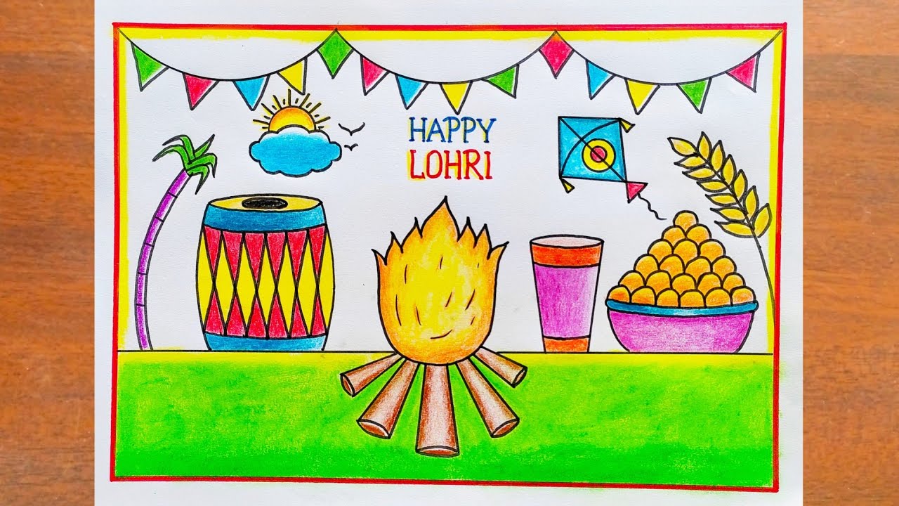 Lohri Drawing / Happy Lohri Poster Drawing Easy Steps / Lohri Festival Drawing / Happy Lohri Drawing