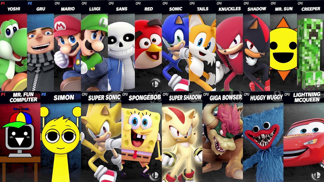 Sonic vs Mario | Giga Bowser vs SpongeBob vs Sprunki vs Poppy Playtime | Super Smash Bros Ultimate
