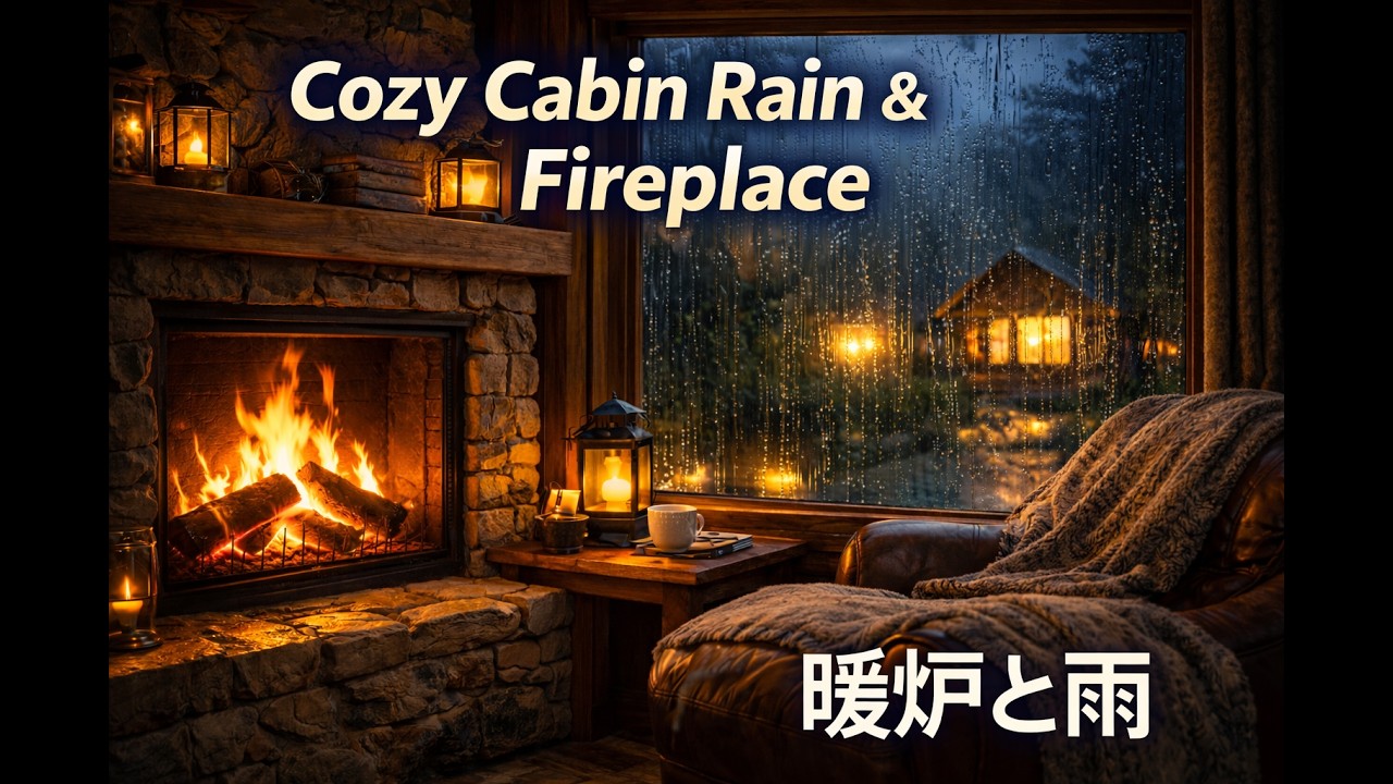 Rain on Window & Fireplace for Deep Sleep | Cozy Cabin Night Ambience窓の雨音と暖炉の音 深い睡眠のためのキャビンの夜