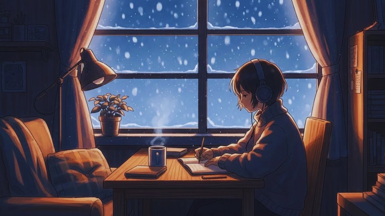 Cozy Winter Lofi Study Music ❄️ Ghibli Room with Falling Snow