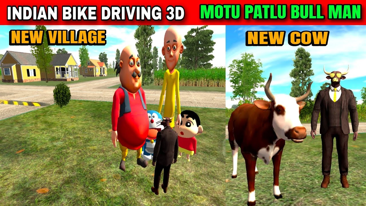 New Village Map | Motu Patlu | Bull Man | New Cow | Funny Gameplay Indian Bikes Driving 3d 🤣🤣