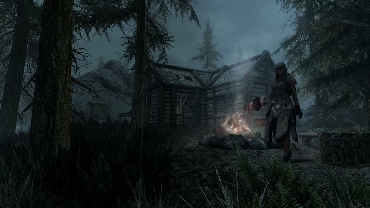 It's a rainy night in the forests of Skyrim | Rain & Music Ambience