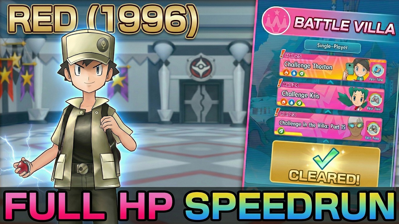 RED (1996) SPEEDRUNS BATTLE VILLA | 5/5 Red (1996) & Pikachu Showcase | Pokemon Masters EX