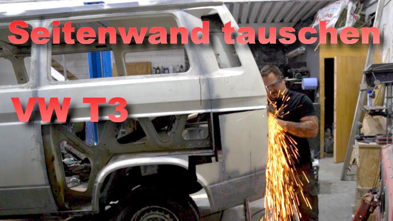 T3 Seitenwand Reparaturblech einsetzen. Schweißen und Verkleben