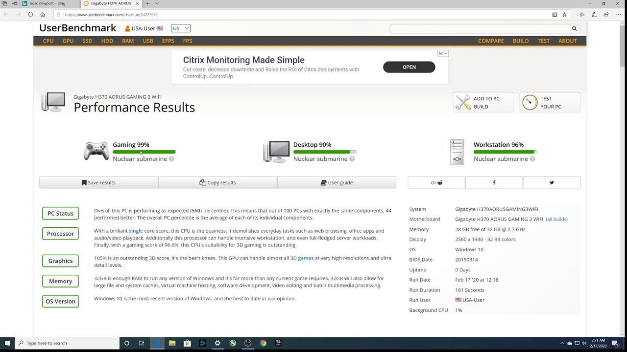 1st Benchmark, I9 9900kf with GTX 1080, User Bench, SSD not register, only HDD