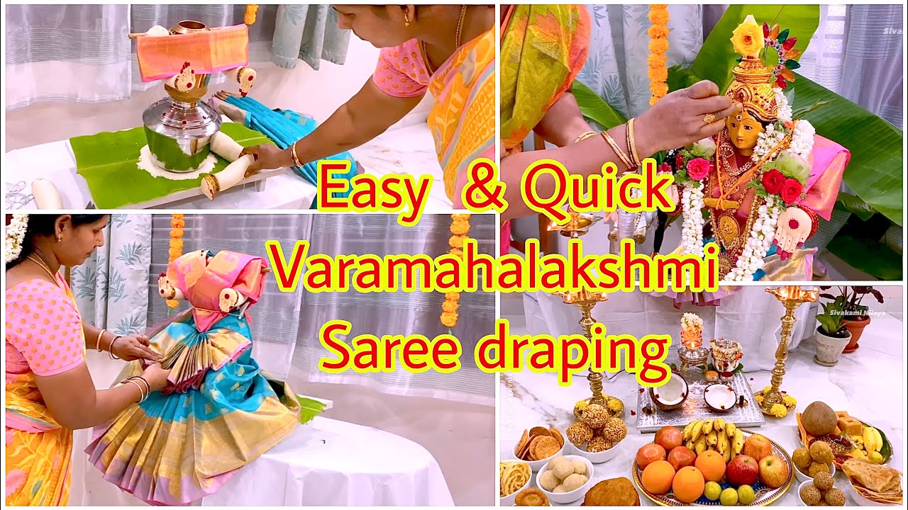 Quick and Easy Varamahalakshmi saree draping || How to Drape Saree for Lakshmi | Lakshmi Pooja Ideas