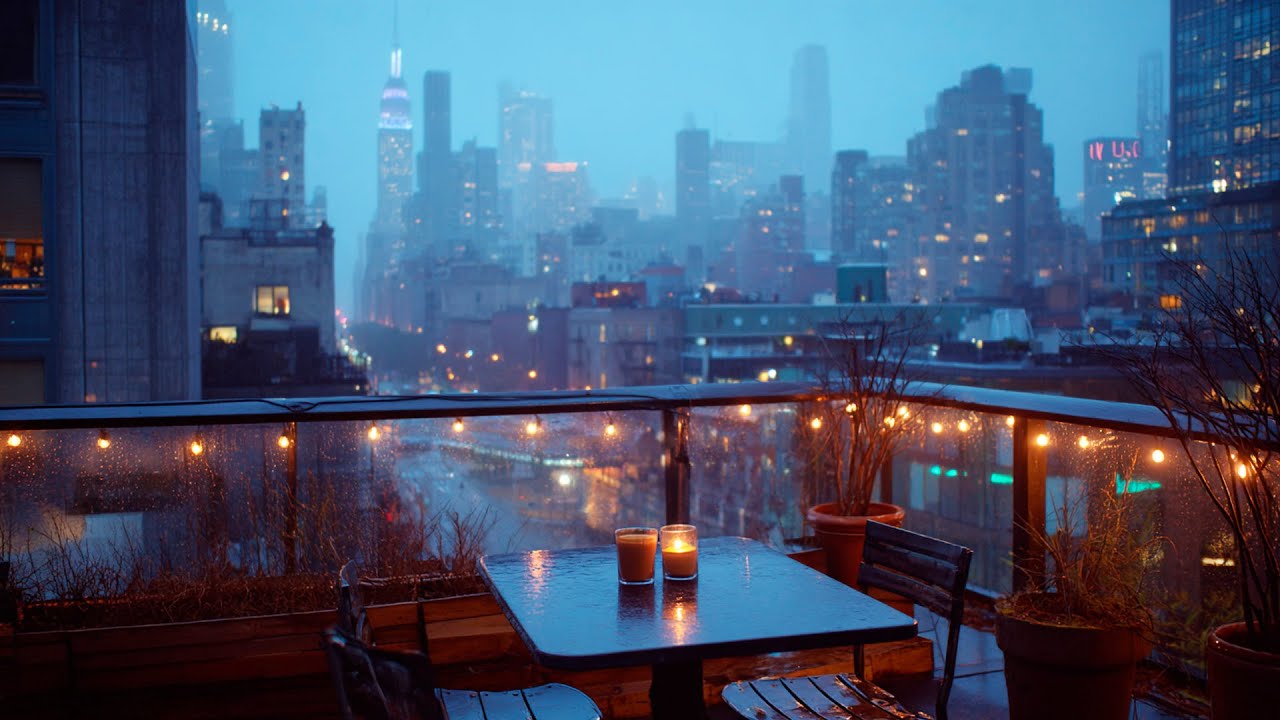 Night Manhattan Rain Jazz 🌧️🏙 NYC Rooftop Café for Study & Deep Focus