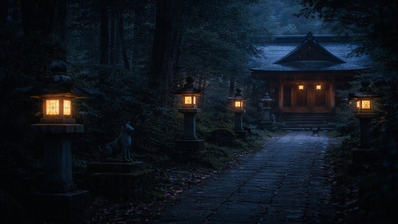 Silent Shrine Night – Distant Fox Echo | Japanese Night Ambience (8 Hours Black Screen)