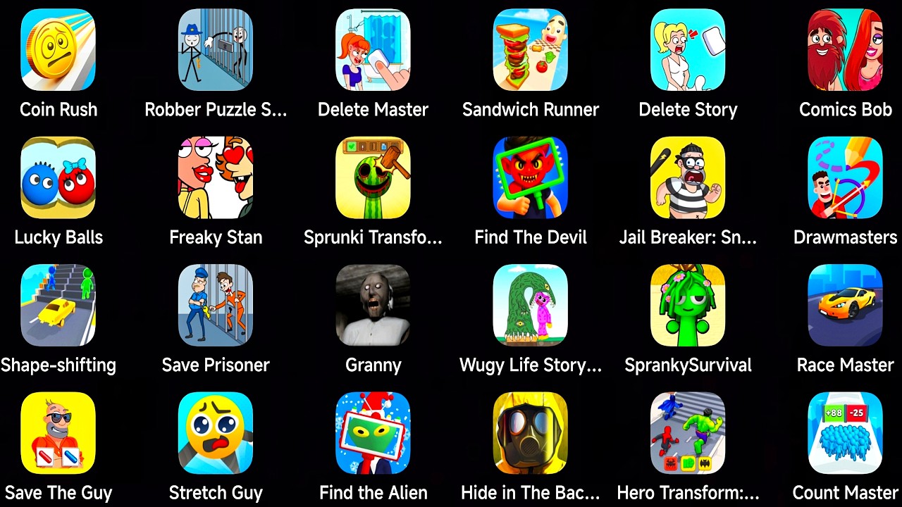 Roblox, Huggy Story, Wugy Life Story, Spranky Survival, Sprunki Transform, Stumble Guys