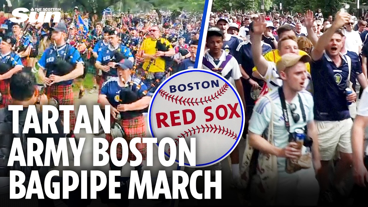 Tartan Army Massive Bagpipe-Led March Takes Over Boston as They Head to Baseball Game