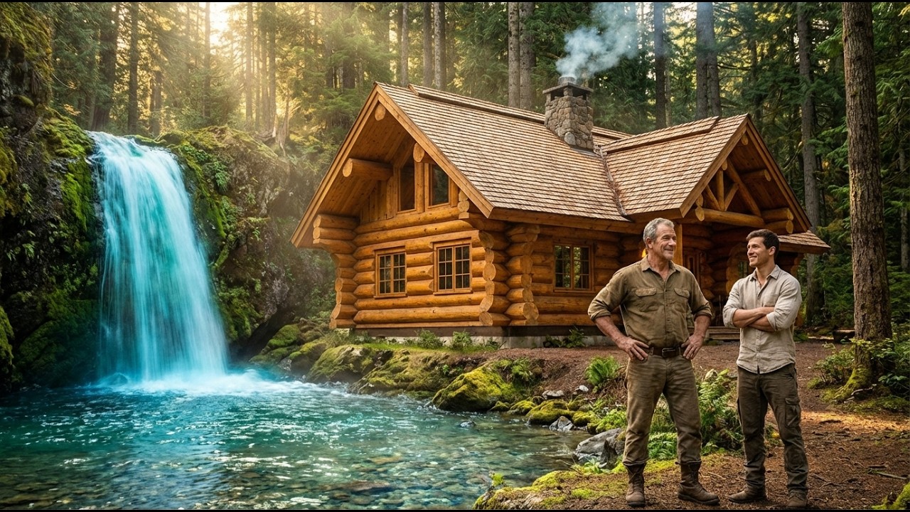 Building A Massive Father And Son Dream Log Cabin Beside A Crystal Clear Waterfall Stream (ASMR)