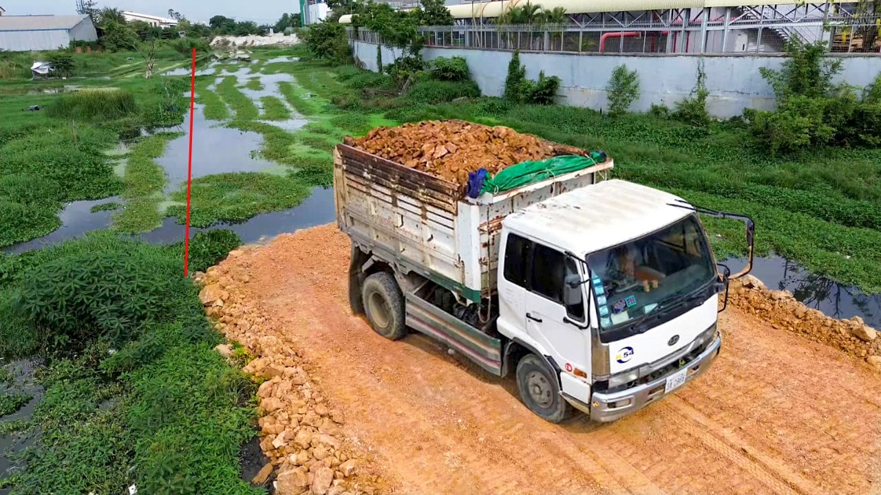 Nicely Landfill !! Be Watchful Actions Bulldozer Komatsu Pushing Soil Delete Lake Building New Road