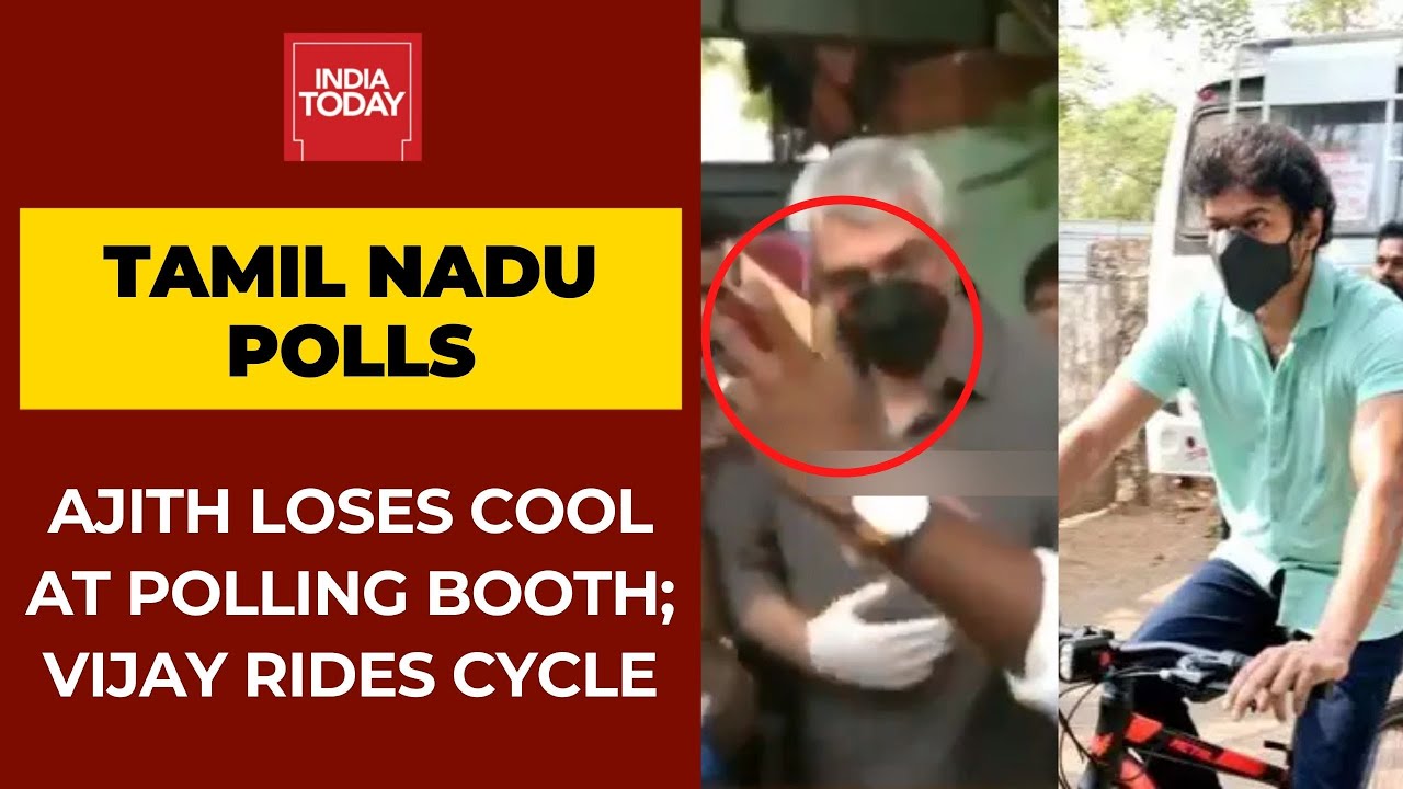 Tamil Nadu Polls: Vijay Rides Cycle To Polling Booth; Ajith Snatches Phone Over Forced Selfie