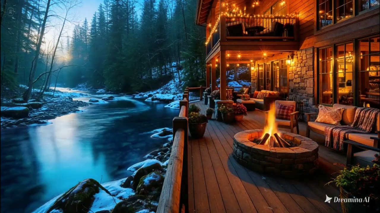 Relaxing Winter Morning Riverside Cabin Porch Firepit & Nature Sounds Ambience