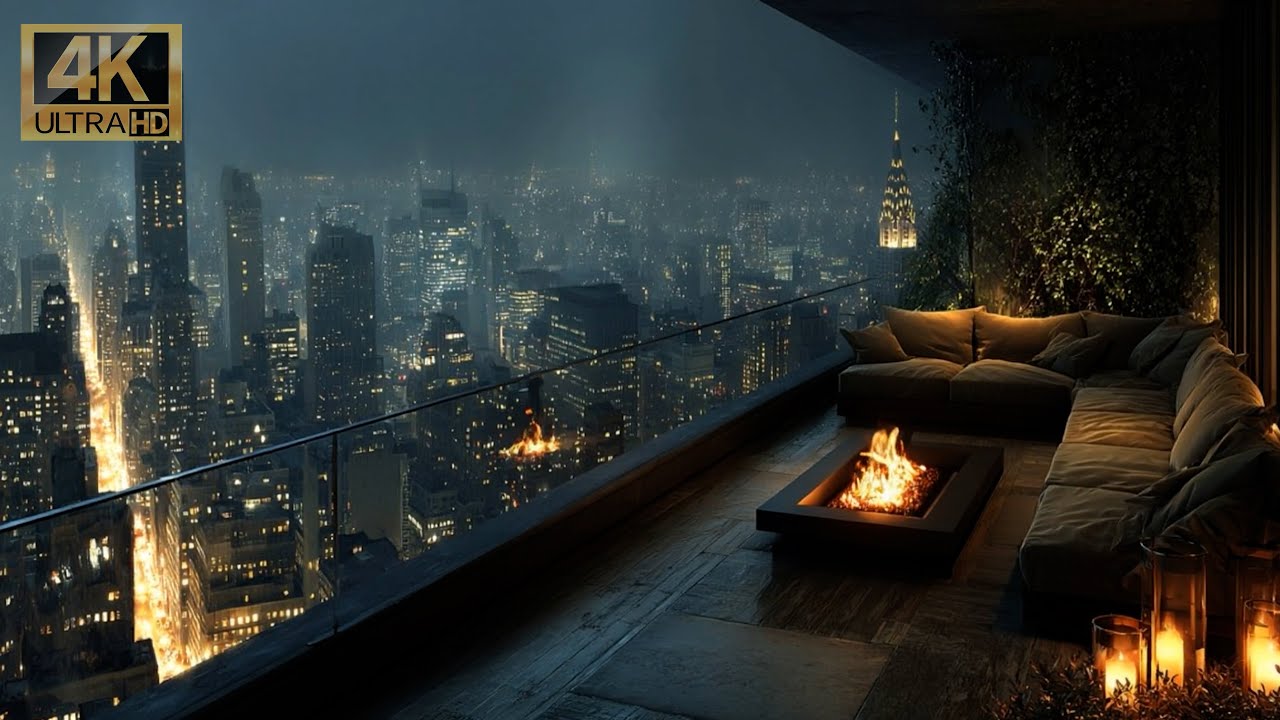 Luxury Fireplace 4K in City Penthouse • Brown Noise & Crackling Fire • Sleep, Study, Focus • 8H