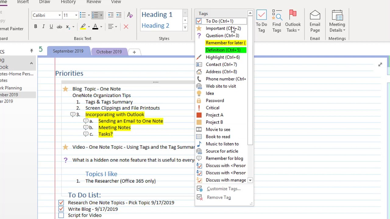 Organize your OneNote Notebook with the Tag Summary Page