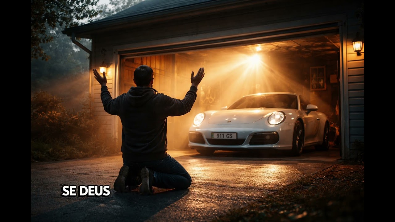 Porsche na garagem e joelho no chão