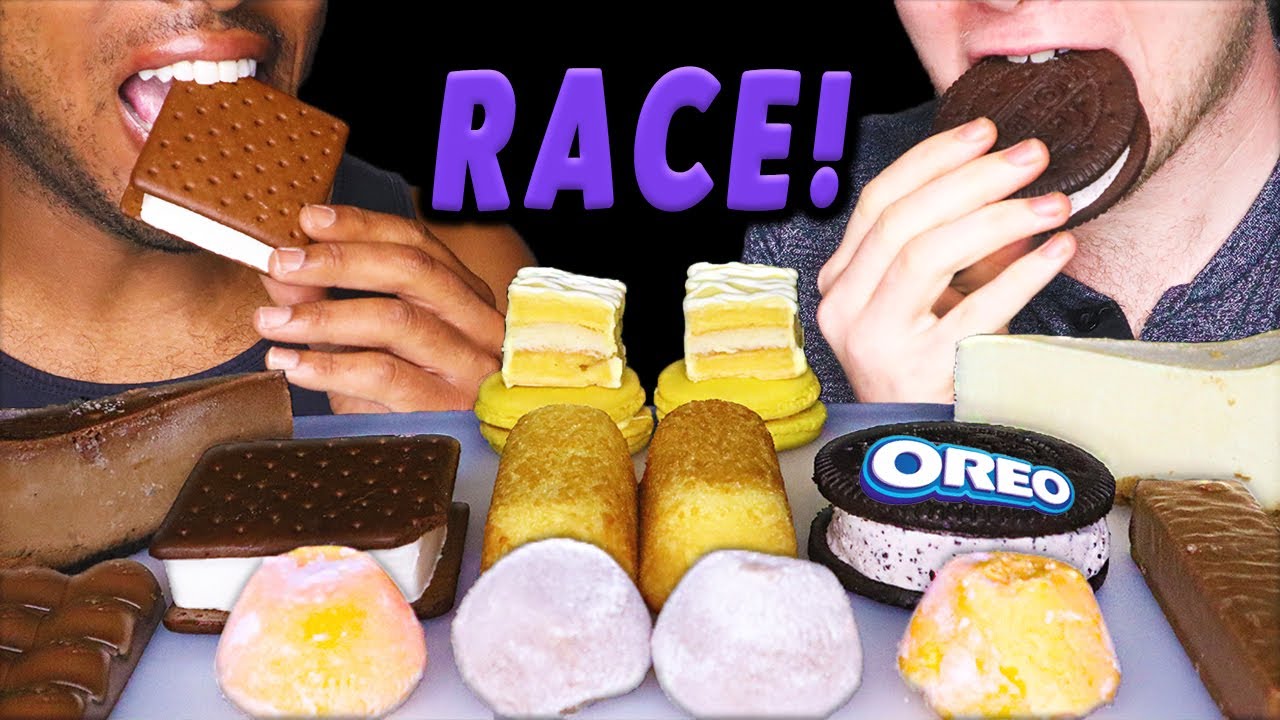 ASMR DESSERT RACE! *MOCHI ICE CREAM, OREO ICE CREAM, CHEESECAKE, MACARONS, TWINKIES* | EATING SOUNDS