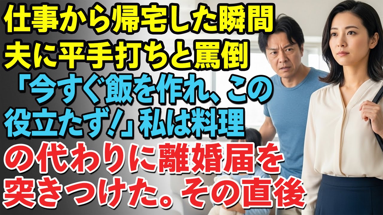 仕事から帰宅した瞬間、夫に平手打ちと罵倒。「今すぐ飯を作れ、この役立たず！」——私は料理の代わりに離婚届を突きつけた。その直後…