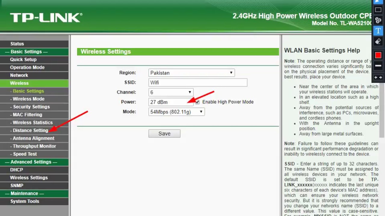 Distance setting in tp link 5210