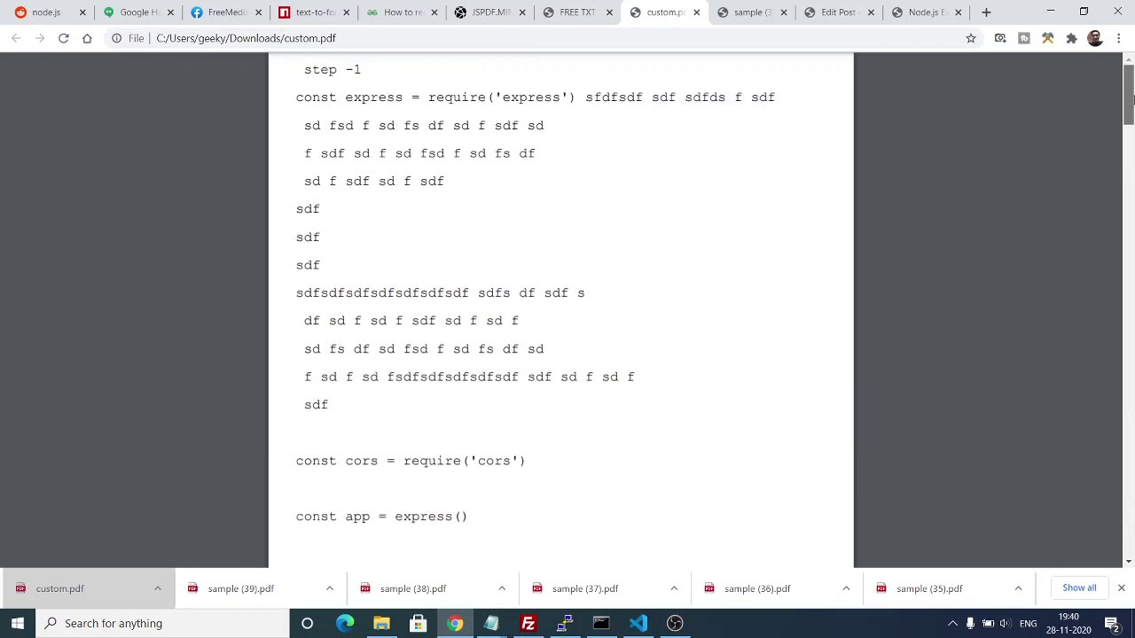 Node.js Express jsPDF Convert Text File to PDF Online App in Javascript Deployed to Website 2020