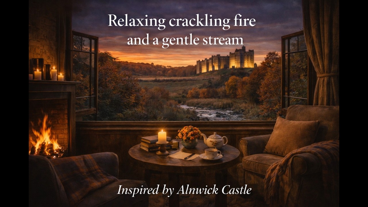 Crackling Fire & Gentle Stream for Sleep | Cozy Hogwarts-Inspired Cottage | Alnwick Castle (4 Hours)
