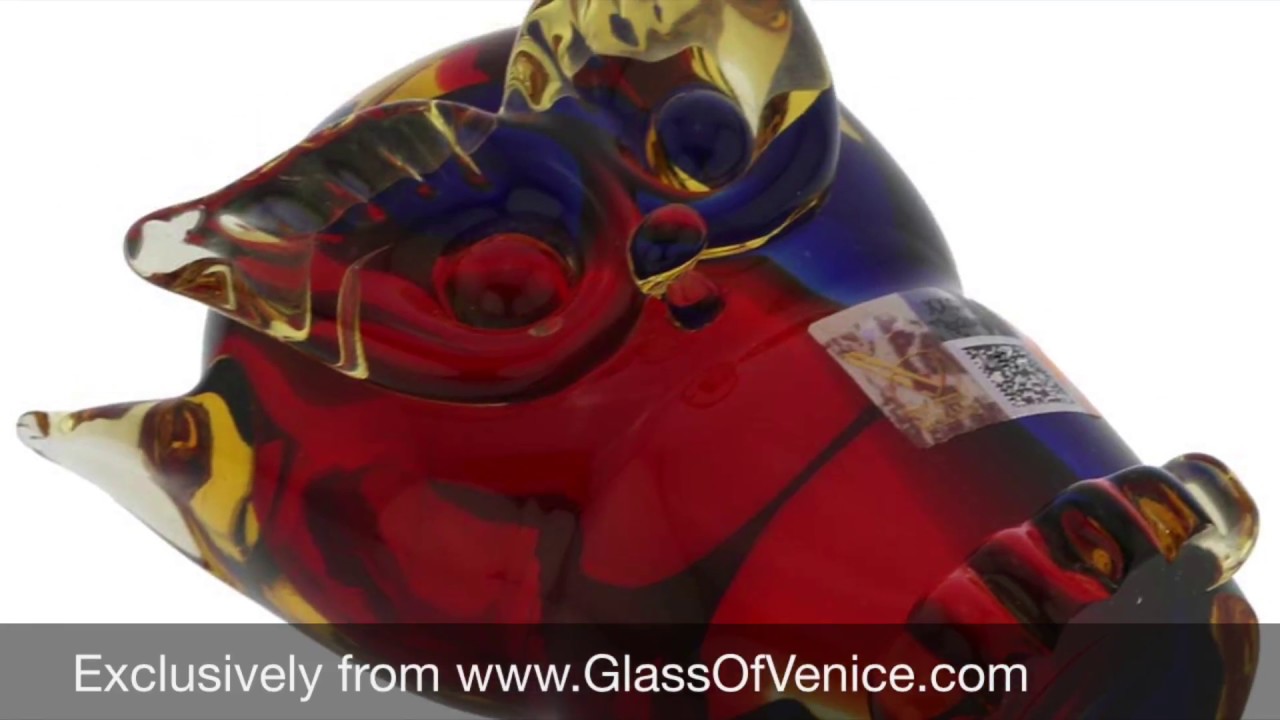 Murano Glass Owl   Red Blue Amber