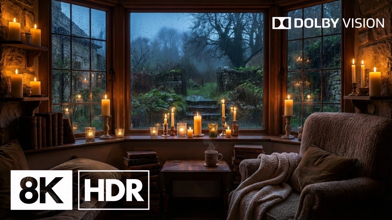 8K Cozy Rainy Cottage Window Ambience 🌧️🕯️ – 2 Hours of Rain, Candlelight & Peaceful Evening