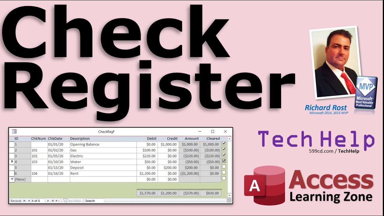 Microsoft Access Check Register Database Lessons and Template, Checkbook, Account, Bank Balances