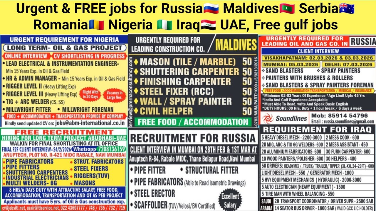 Срочные и БЕСПЛАТНЫЕ вакансии в России🇷🇺, на Мальдивах🇲🇻, в Сербии🇦🇺, Румынии🇷🇴, Нигерии 🇳🇬, Ирак...