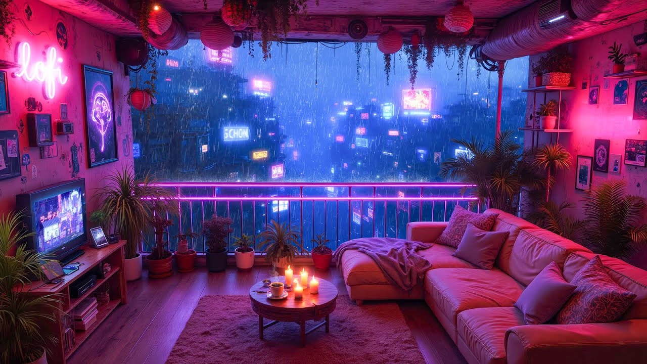Night Balcony Lofi Hip Hop Radio ☕ Neon Rain City Ambience ☔️ Lofi Chill for Focus, Study & Unwind
