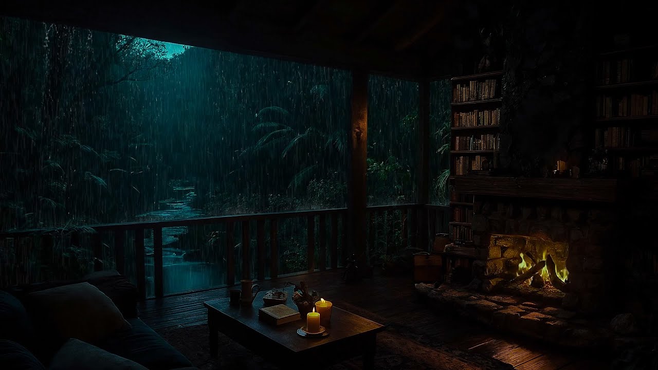 Rainy Night at a Cozy Jungle Cabin 🌧️ Rain ASMR & Fireplace Sounds for Sleep, Study & Relaxation