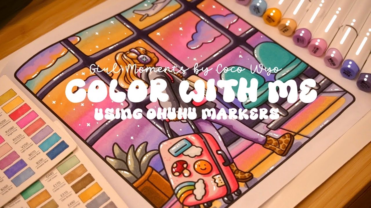 Color with me (ASMR) 🌸✈️ 'Girl Moments' by Coco Wyo using Ohuhu markers 🌱✏️ #adultcoloring #asmr