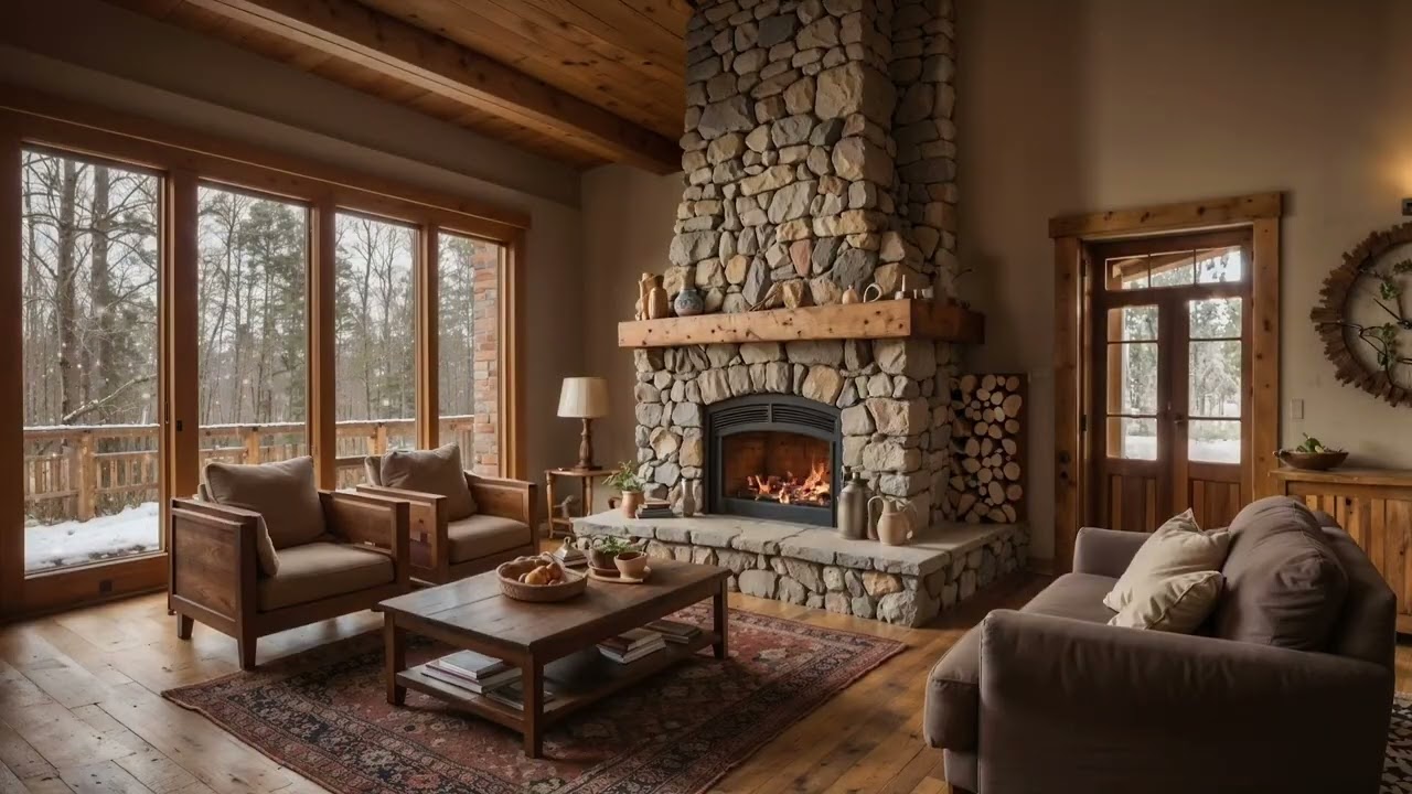 Cozy Winter Cabin Fireplace 🔥 Gentle Snowfall Outside | Relaxing Fire Sounds (1 Hour HD)