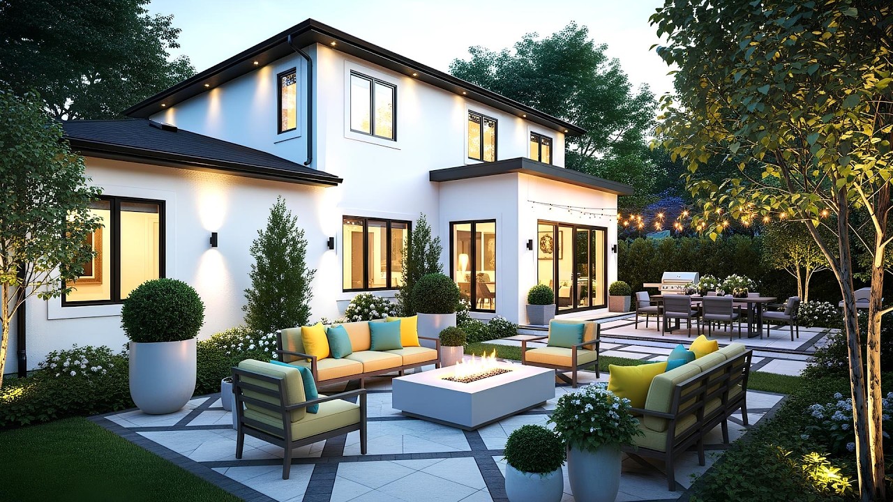 Modern Backyard Patio With Comfortable Outdoor Living Area Fire Pit Seating and Evening String Light