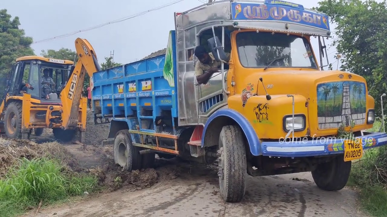 Lorry unloading M sand and stuck in mud with full loaded | Jcb Backhoe rescue - CFV