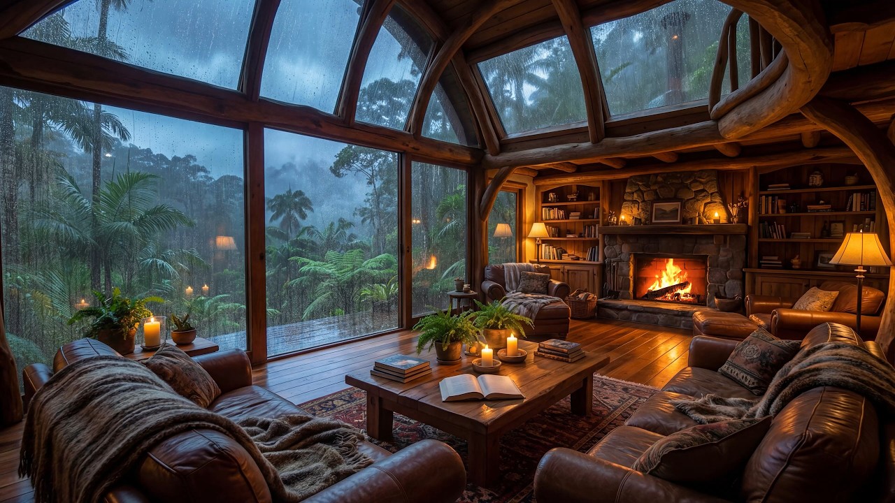 Rainy Day Jazz Music 🌧️ Cozy Forest Cabin with Fireplace Sounds for Deep Focus & Relaxation 🔥