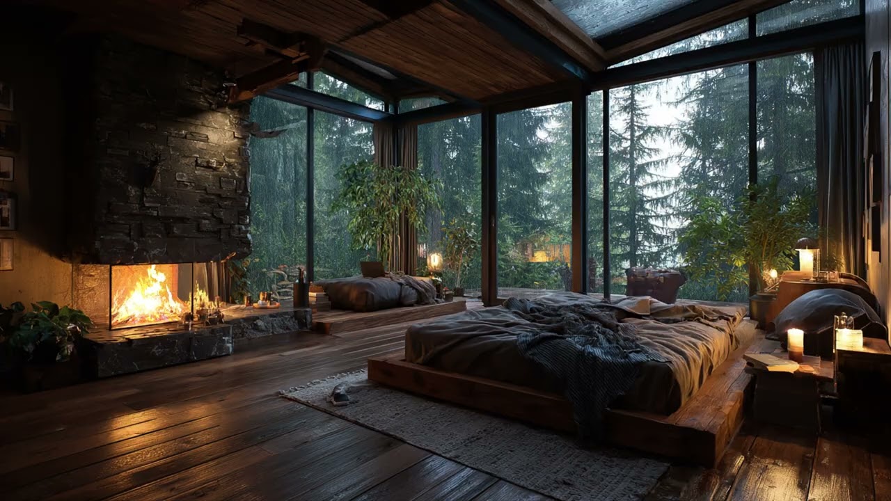Forest Glass Bedroom at Night | Firelight Calm, Deep Woods Silence & Cinematic Sleep Mood