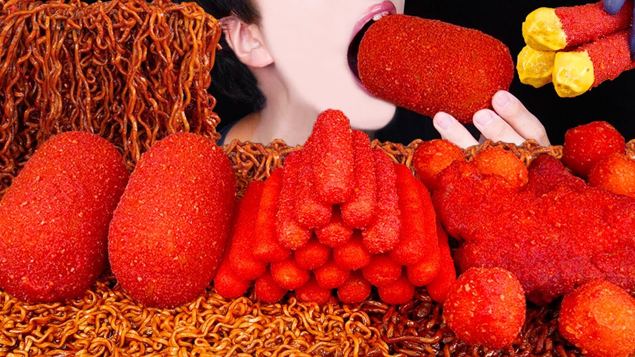 ASMR HOT CHEETOS SAUSAGE CHICKEN CHEESE STICK FIRE BLACK BEAN NOODLES COOKING MUKBANG먹방EATING SOUNDS